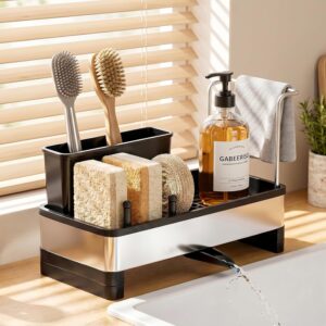 Stainless Steel Sink Caddy, Sponge Holder for Kitchen Sink with Brush Holder Dishcloth Rack, Rustproof sink Organizer Countertop, Soap Dispenser Kitchen Organizers Storage Essentials - 24cm